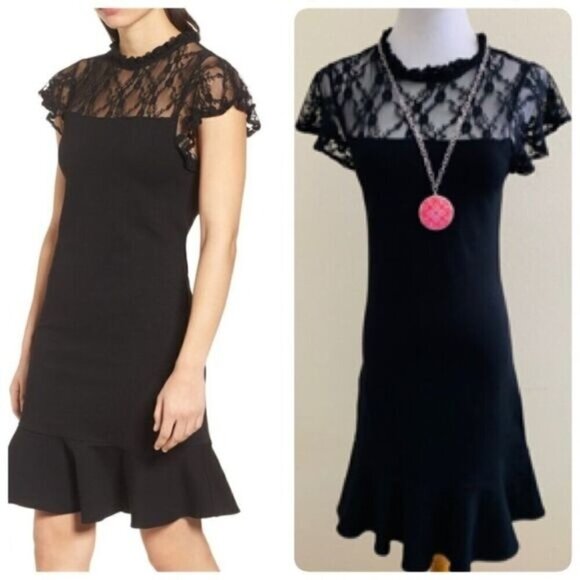 bobeau Dresses & Skirts - Bobeau Women's Dress XS Lace Yoke Peplum Illusion Ruffle Neck Black